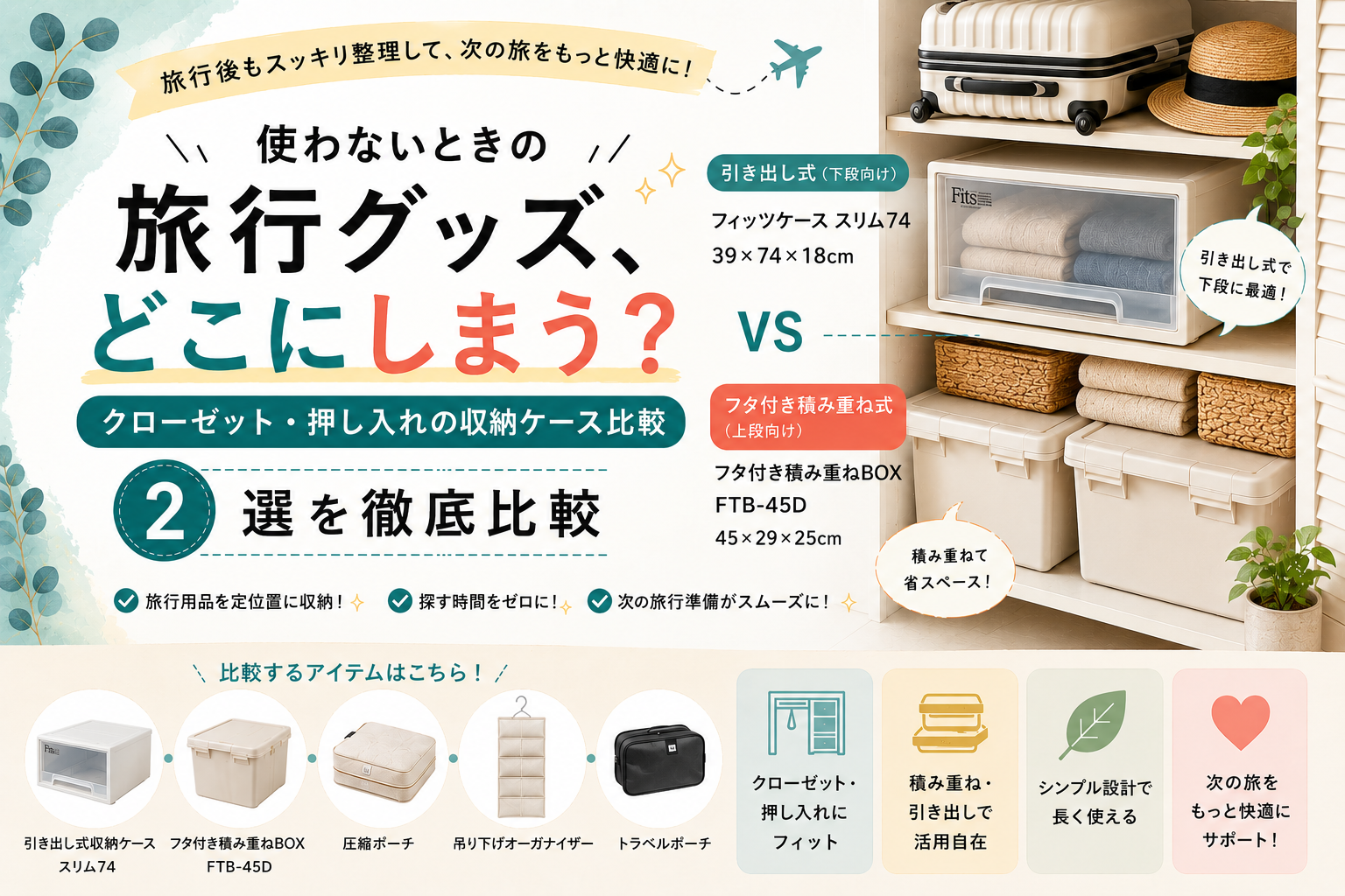 使わないときの旅行グッズ、どこにしまう？クローゼット・押し入れの収納ケース比較 アイキャッチ