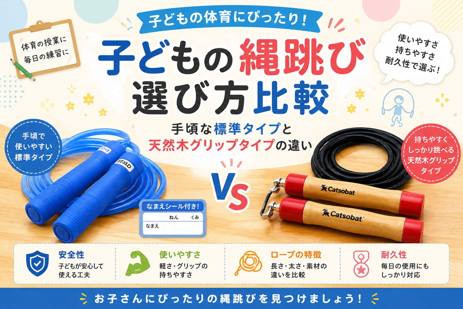 子どもの縄跳び選び方比較｜手頃な標準タイプと天然木グリップタイプの違い