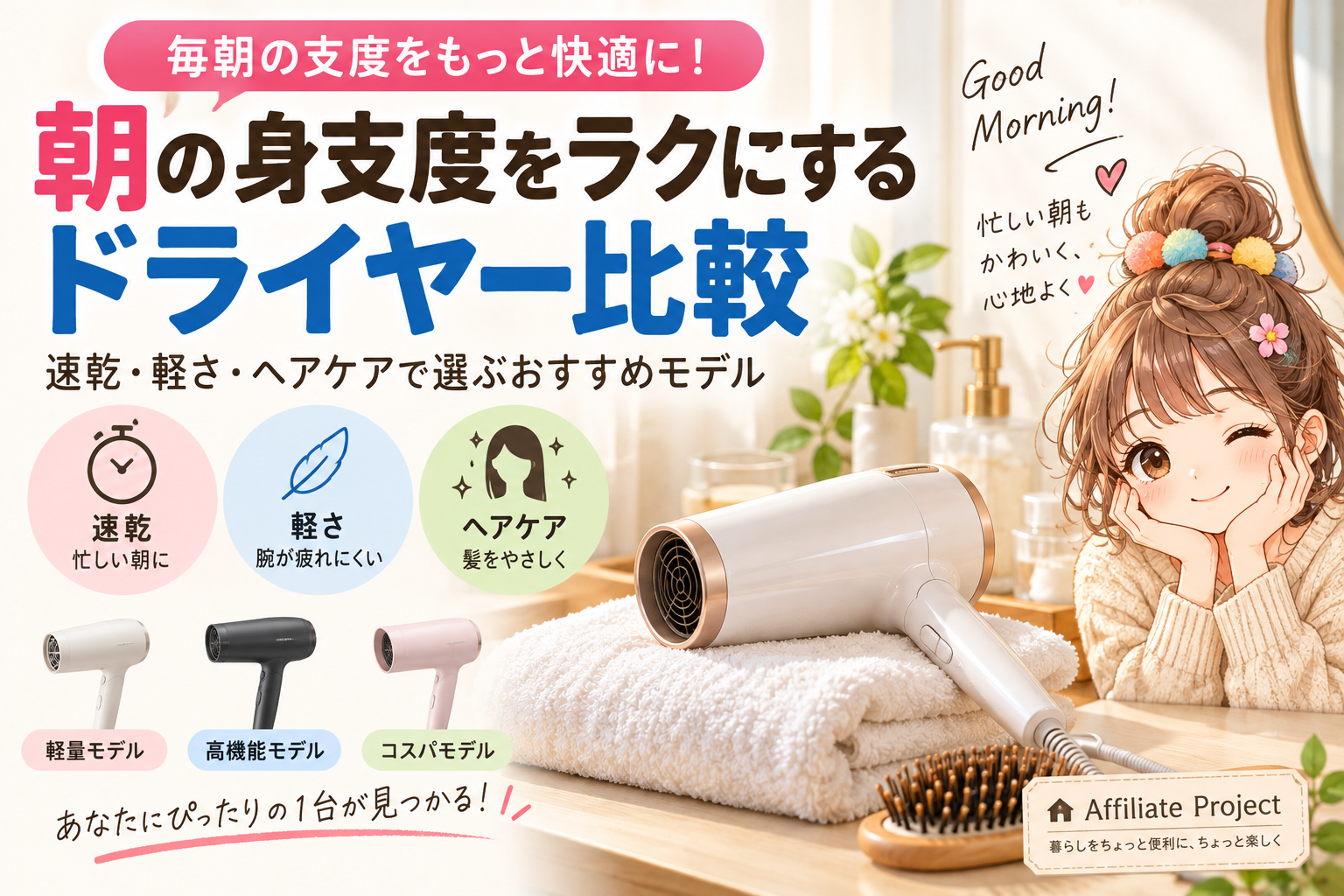 朝の身支度をラクにするドライヤー比較|速乾・軽さ・ヘアケアで選ぶ アイキャッチ