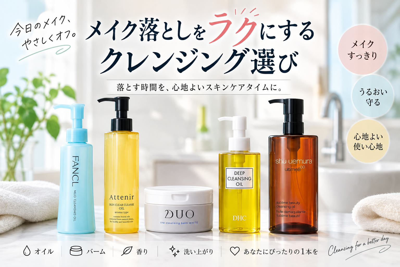メイク落としをラクにするクレンジング選び|オイル・バームタイプを比較 アイキャッチ
